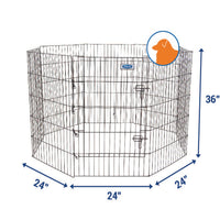 The Petmate Single Door Exercise Pen by Petmate is an octagonal, portable playpen with durable metal bars. Each panel measures 36 inches high and 24 inches wide, and a circular emblem in the top right corner features an orange silhouette of a dogs head.