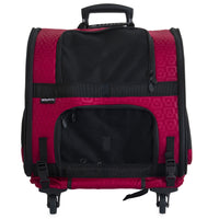 The Gen7Pets Red Geometric Roller-Carrier by Gen7 features black mesh panels, a Smart-Level Platform, retractable handle, two wheels at the base, zippered openings, and adjustable straps—perfect for comfortably transporting small animals.