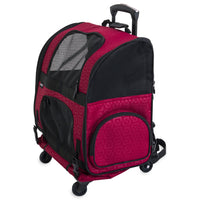 The Gen7 Red Geometric Roller-Carrier by Gen7Pets features mesh windows for ventilation, a Smart-Level Platform, and a telescopic handle with black accents. Its zippered front pocket and durable design make it perfect for comfortably transporting small pets.