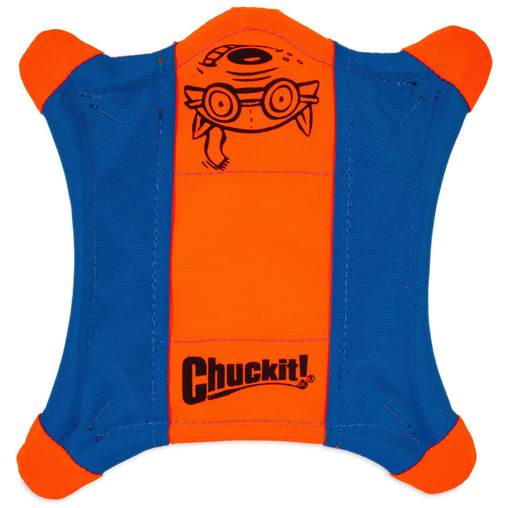 The Chuckit! Flying Squirrel is a vibrant orange and blue fetch toy with reinforced corners. Made from durable canvas, it features a cartoon dog and the Chuckit! logo printed centrally. Inspired by a Flying Squirrel, the design has a rectangular, slightly cross-shaped form.