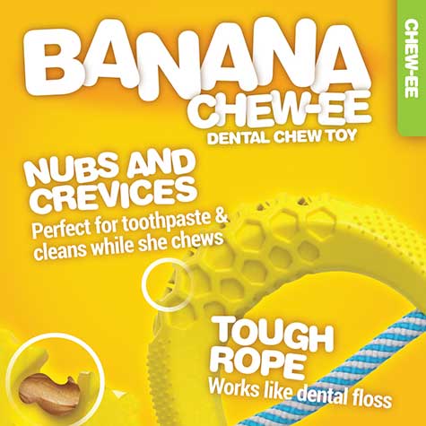 The JW Banana Chew-ee Dental Dog Toy by Jw comes in bright yellow packaging. It includes textured areas for dog toothpaste, a durable rubber design, a sturdy rope for flossing, and marketing text that highlights its dental cleaning benefits.