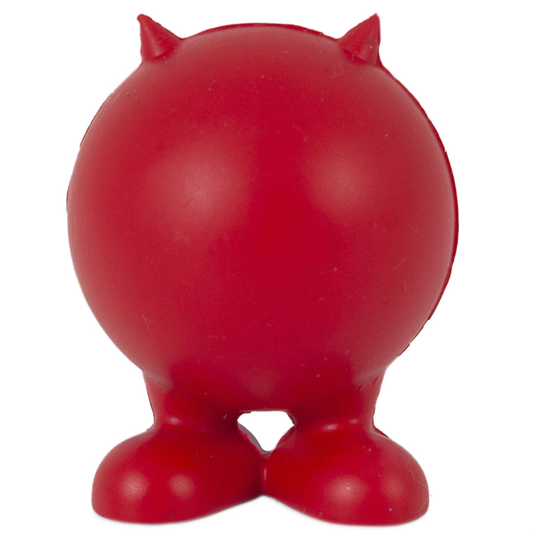 The JW Cuz Dog Toy by Jw is a small red natural rubber ball with tiny horns and round feet, resembling a cartoon creature. Its smooth, shiny surface makes it perfect for dog playtime fun.