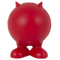 The JW Cuz Dog Toy by Jw is a small red natural rubber ball with tiny horns and round feet, resembling a cartoon creature. Its smooth, shiny surface makes it perfect for dog playtime fun.